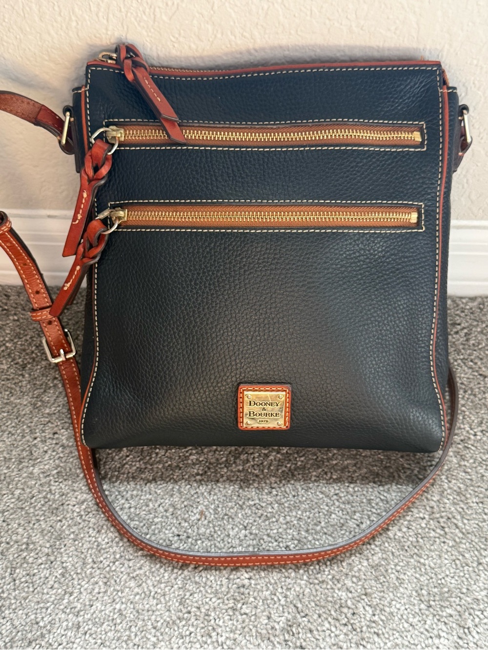 Dooney & Bourke Pebble Grain North South Triple Zip Black Leather Crossbody Bag